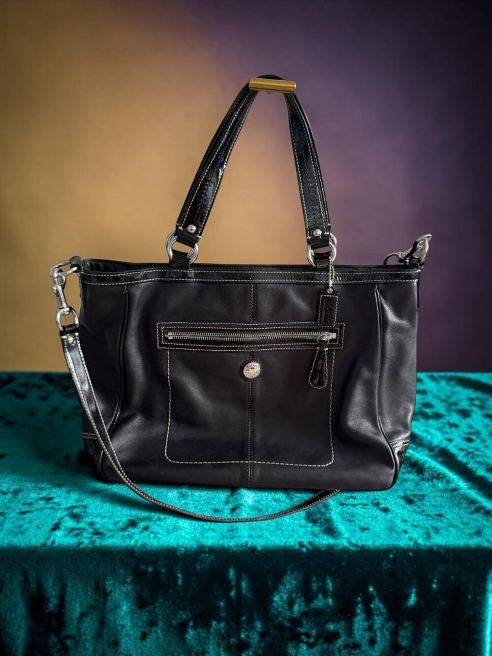 COACH Laura Black Silver Leather Tote Bag w/ Strap